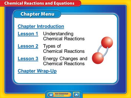 Chapter Menu Chapter Introduction Lesson 1Lesson 1Understanding Chemical Reactions Lesson 2Lesson 2Types of Chemical Reactions Lesson 3Lesson 3Energy.
