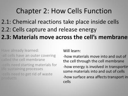 Chapter 2: How Cells Function Have already learned: -all cells have an outer covering called the cell membrane -cells need starting materials for life.