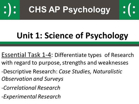 CHS AP Psychology Unit 1: Science of Psychology Essential Task 1-4: Differentiate types of Research with regard to purpose, strengths and weaknesses -Descriptive.