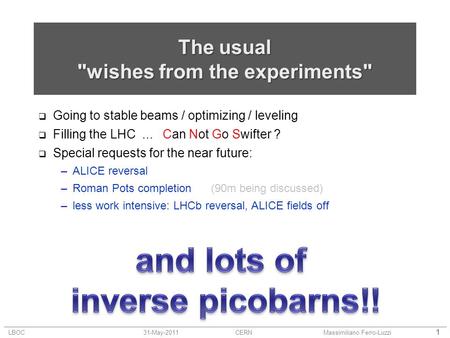 LBOC31-May-2011 CERNMassimiliano Ferro-Luzzi 1 The usual wishes from the experiments  Going to stable beams / optimizing / leveling  Filling the LHC...