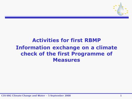 CIS SSG Climate Change and Water – 5 September 20081 Activities for first RBMP Information exchange on a climate check of the first Programme of Measures.