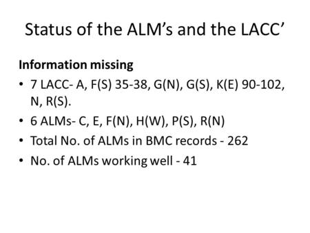 Status of the ALM’s and the LACC’ Information missing 7 LACC- A, F(S) 35-38, G(N), G(S), K(E) 90-102, N, R(S). 6 ALMs- C, E, F(N), H(W), P(S), R(N) Total.