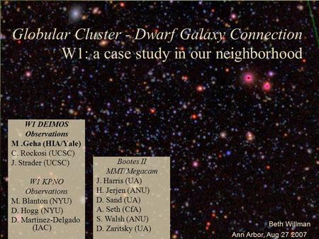 Globular Cluster - Dwarf Galaxy Connection W1: a case study in our neighborhood Ann Arbor, Aug 27 2007 Beth Willman W1 DEIMOS Observations M.Geha (HIA/Yale)