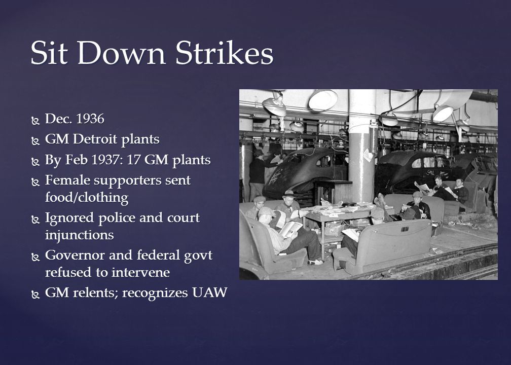 Image result for the united auto workers union staged their first sit-down strike in 1936