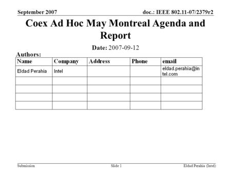 Doc.: IEEE 802.11-07/2379r2 Submission September 2007 Eldad Perahia (Intel)Slide 1 Coex Ad Hoc May Montreal Agenda and Report Date: 2007-09-12 Authors: