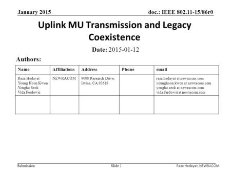 Doc.: IEEE 802.11-15/86r0 Submission January 2015 Uplink MU Transmission and Legacy Coexistence Date: 2015-01-12 Authors: Slide 1 NameAffiliationsAddressPhoneemail.