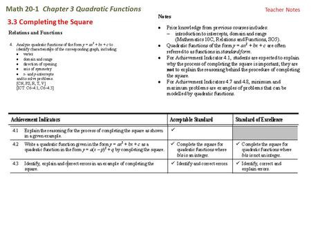 Math 20-1 Chapter 3 Quadratic Functions