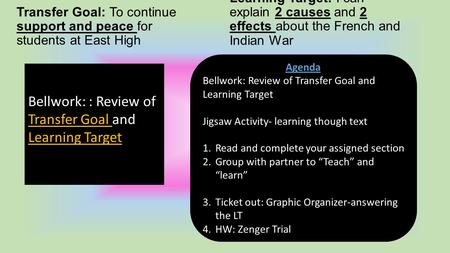 Transfer Goal: To continue support and peace for students at East High Learning Target: I can explain 2 causes and 2 effects about the French and Indian.