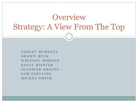 ASHLEY BURNETT SHAWN BUCK WHITNEY HORTON KELLY RIESTER JENNIFER SHOTTS SAM SNELLING MICKEA SMITH Overview Strategy: A View From The Top.