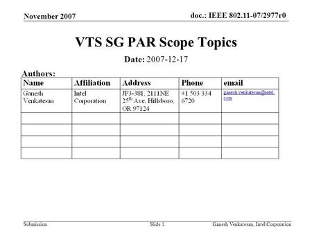 Doc.: IEEE 802.11-07/2977r0 Submission November 2007 Ganesh Venkatesan, Intel CorporationSlide 1 VTS SG PAR Scope Topics Date: 2007-12-17 Authors: