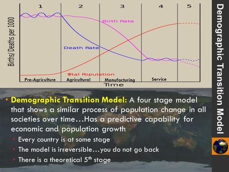Demographic Transition Model: A four stage model that shows a similar process of population change in all societies over time…Has a predictive capability.