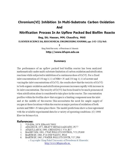 1. 2. 3. 4. 5. 6. © Chromium(VI) Inhibition In Multi-Substrate Carbon Oxidation And Nitrification Process In An Upflow Packed Bed Biofilm Reactor Beg,
