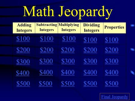 Math Jeopardy Adding Integers Subtracting Integers Multiplying Integers Dividing Integers Properties $100 $200 $300 $400 $500 $100 $200 $300 $400 $500.