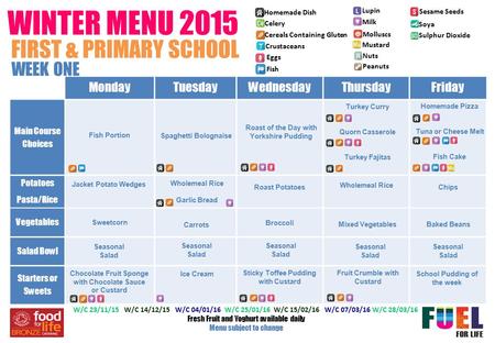 WINTER MENU 2015 MondayTuesdayWednesdayThursdayFriday Main Course Choices Potatoes Pasta/Rice Vegetables Salad Bowl Starters or Sweets WEEK ONE W/C 23/11/15.