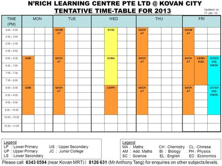 TENTATIVE TIME-TABLE FOR 2013 TIME (PM) MONTUEWEDTHUFRI 4:00 – 4:30S3/AM AT S1/SCS3/CH AT S4/AM AT 4:30 – 5:00 5:00 – 5:30 5:30 – 6:00 6:00 – 6:30S4/BIS3/CH.