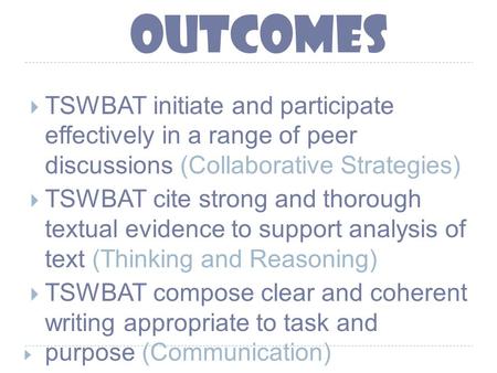 Outcomes  TSWBAT initiate and participate effectively in a range of peer discussions (Collaborative Strategies)  TSWBAT cite strong and thorough textual.