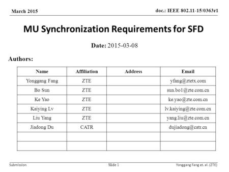 Doc.: IEEE 802.11-15/0363r1 March 2015 SubmissionYonggang Fang et. al. (ZTE) MU Synchronization Requirements for SFD Date: 2015-03-08 Slide 1 Authors: