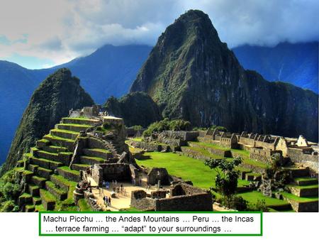 Machu Picchu … the Andes Mountains … Peru … the Incas … terrace farming … “adapt” to your surroundings …