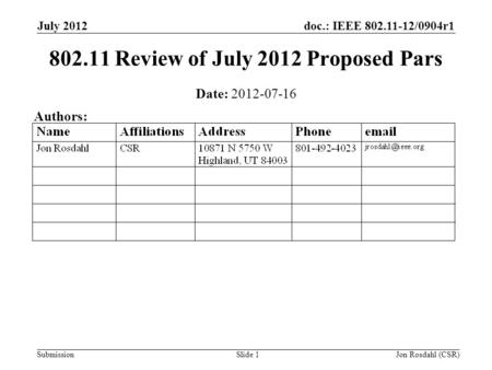 Doc.: IEEE 802.11-12/0904r1 Submission July 2012 Jon Rosdahl (CSR)Slide 1 802.11 Review of July 2012 Proposed Pars Date: 2012-07-16 Authors: