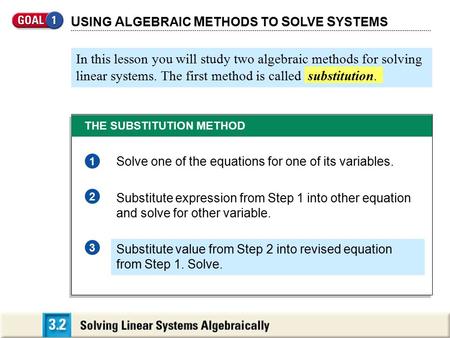 U SING A LGEBRAIC M ETHODS TO S OLVE S YSTEMS In this lesson you will study two algebraic methods for solving linear systems. The first method is called.