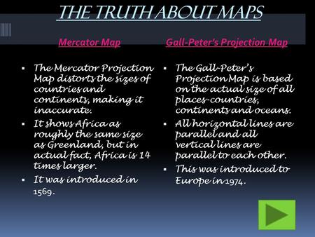 The Truth About Maps Mercator Map Gall-Peter’s Projection Map