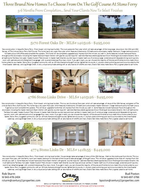 Three Brand New Homes To Choose From On The Golf Course At Stono Ferry 5-6 Months From Completion… Send Your Clients Now To Select Finishes New construction.
