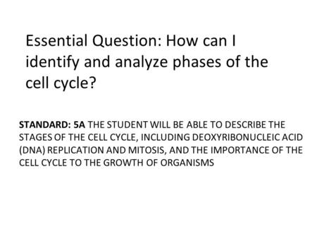 Essential Question: How can I identify and analyze phases of the cell cycle? STANDARD: 5A THE STUDENT WILL BE ABLE TO DESCRIBE THE STAGES OF THE CELL CYCLE,