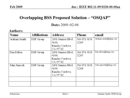 Doc.: IEEE 802.11-09/0230-00-00aa Submission Feb 2009 Graham Smith, DSP GroupSlide 1 Overlapping BSS Proposed Solution – “OSQAP” Date: 2009 -02-06 Authors: