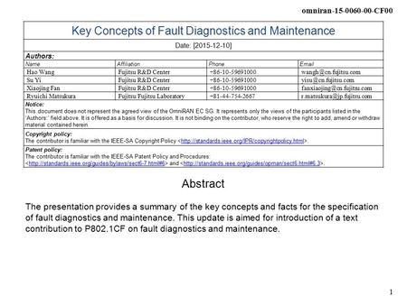 Omniran-15-0060-00-CF00 1 Key Concepts of Fault Diagnostics and Maintenance Date: [2015-12-10] Authors: NameAffiliationPhone Hao WangFujitsu R&D