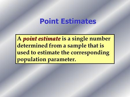 Point Estimates point estimate A point estimate is a single number determined from a sample that is used to estimate the corresponding population parameter.