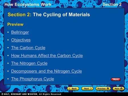 How Ecosystems WorkSection 2 Section 2: The Cycling of Materials Preview Bellringer Objectives The Carbon Cycle How Humans Affect the Carbon Cycle The.