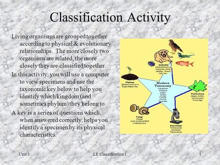 Unit 3LE Classification 11 Classification Activity Living organisms are grouped together according to physical & evolutionary relationships. The more closely.