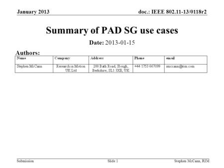 Doc.: IEEE 802.11-13/0118r2 Submission January 2013 Stephen McCann, RIMSlide 1 Summary of PAD SG use cases Date: 2013-01-15 Authors: