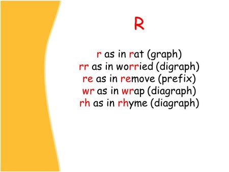 R r as in rat (graph) rr as in worried (digraph) re as in remove (prefix) wr as in wrap (diagraph) rh as in rhyme (diagraph)
