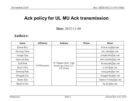 Doc.: IEEE 802.11-15/1346r1November 2015 SubmissionSlide 1 Ack policy for UL MU Ack transmission Date: 2015-11-08 Kiseon Ryu et al. (LG) Authors: NameAffiliationAddressPhoneEmail.