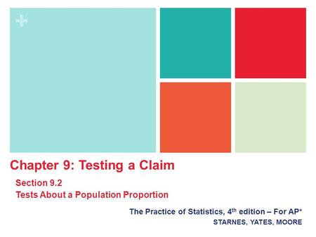 + The Practice of Statistics, 4 th edition – For AP* STARNES, YATES, MOORE Chapter 9: Testing a Claim Section 9.2 Tests About a Population Proportion.