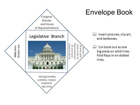 Envelope Book  Insert pictures, clip art, and textboxes.  Cut book out as one big piece on solid lines. Fold flaps in on dotted lines. Legislative Branch.