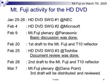 Toshiba1 Mt. Fuji activity for the HD DVD Jan 25-26 : HD DVD SWG Feb 4 : HD DVD SWG Feb 9 : Mt.Fuji Basic discussion.