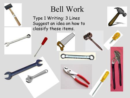 Bell Work Type 1 Writing: 3 Lines Suggest an idea on how to classify these items.