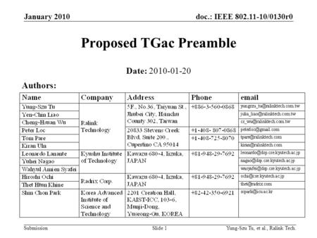 Doc.: IEEE 802.11-10/0130r0 Submission January 2010 Yung-Szu Tu, et al., Ralink Tech.Slide 1 Proposed TGac Preamble Date: 2010-01-20 Authors: