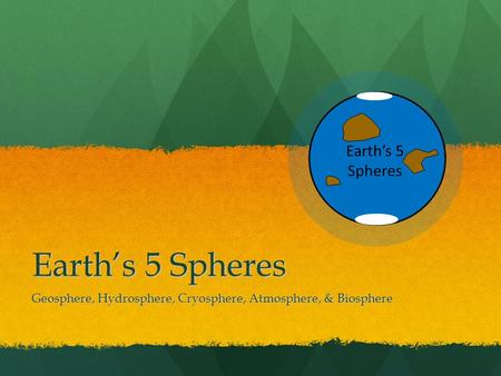 Geosphere, Hydrosphere, Cryosphere, Atmosphere, & Biosphere