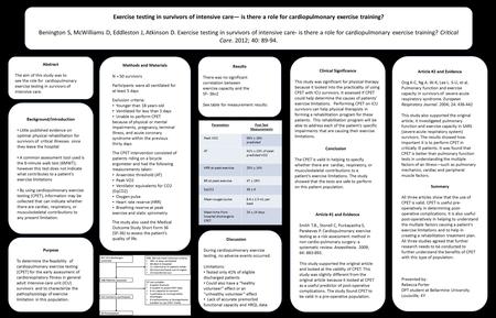 . Exercise testing in survivors of intensive care— is there a role for cardiopulmonary exercise training? Benington S, McWilliams D, Eddleston J, Atkinson.