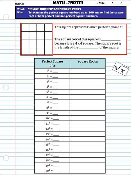 Square Roots: Math -7NOTES DATE: ______/_______/_______ What: Square numbers and square roots Why: To examine the perfect square numbers up to 400 and.