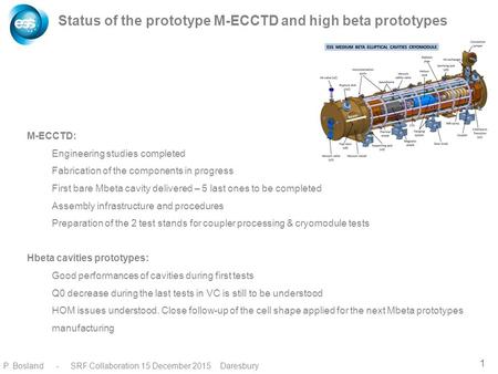 1 P. Bosland - SRF Collaboration 15 December 2015 Daresbury Status of the prototype M-ECCTD and high beta prototypes M-ECCTD: Engineering studies completed.