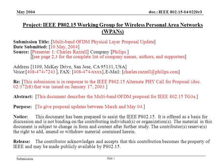 Submission doc.: IEEE 802.15-04/0220r3 May 2004 Slide 1 Project: IEEE P802.15 Working Group for Wireless Personal Area Networks (WPANs) Submission Title: