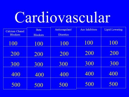 Cardiovascular Calcium Chanel Blockers 100 200 300 400 500 Ace Inhibitors 100 200 300 400 500 Anticoagulant/ Diuretics 100 200 300 400 500 Lipid Lowering.