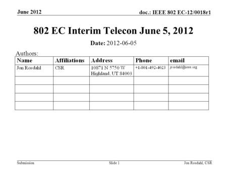 Submission doc.: IEEE 802 EC-12/0018r1 June 2012 Jon Rosdahl, CSRSlide 1 802 EC Interim Telecon June 5, 2012 Date: 2012-06-05 Authors: