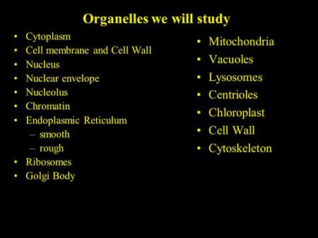Organelles we will study