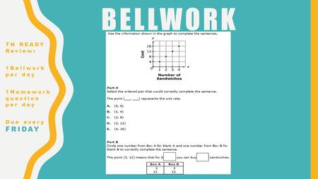 BELLWORK TN READY Review: 1Bellwork per day 1Homework question per day Due every FRIDAY.
