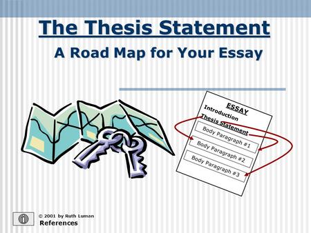 The Thesis Statement © 2001 by Ruth Luman A Road Map for Your Essay References ESSAY Introduction Thesis Statement Body Paragraph #1 Body Paragraph #2.